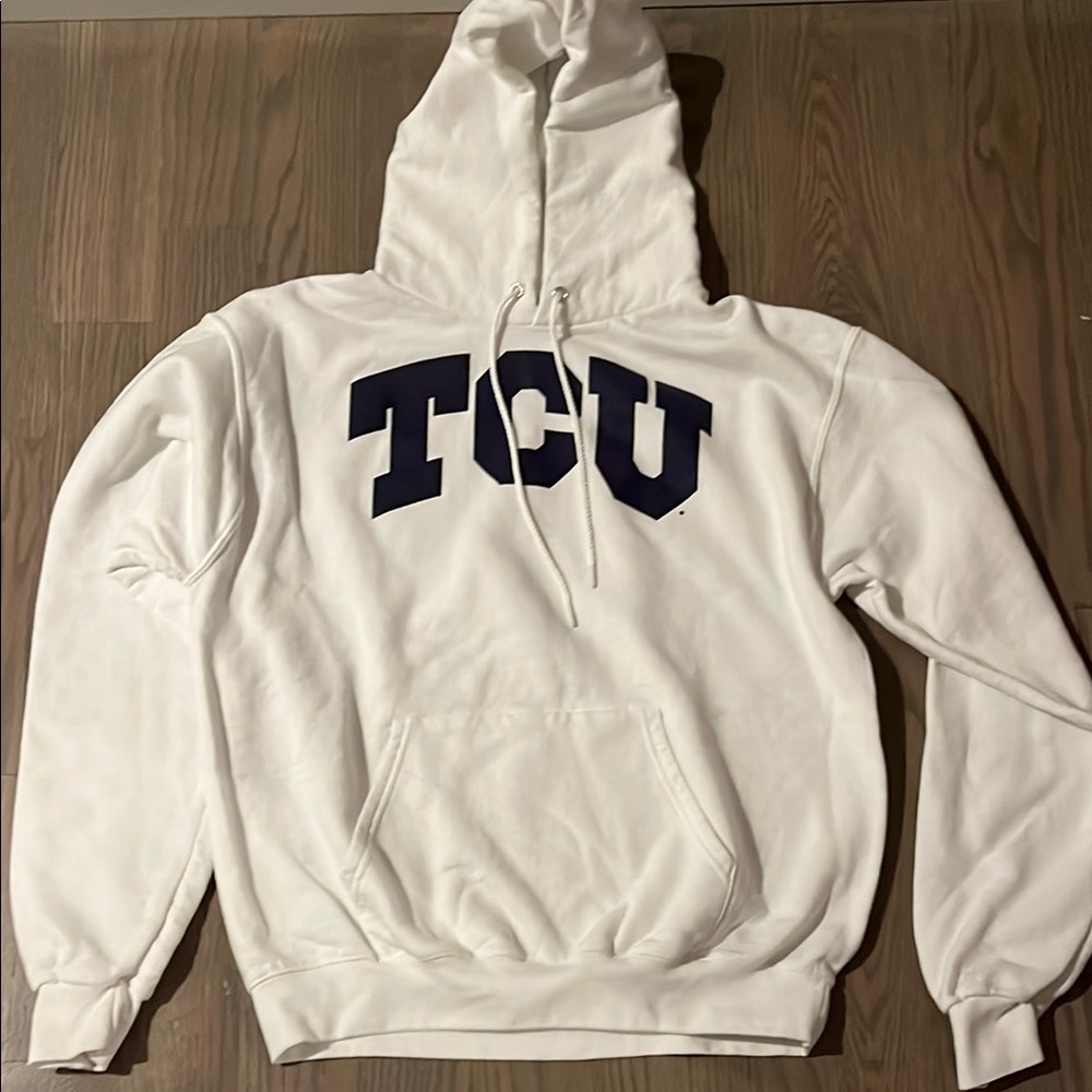 White TCU Hoodie with purple writing